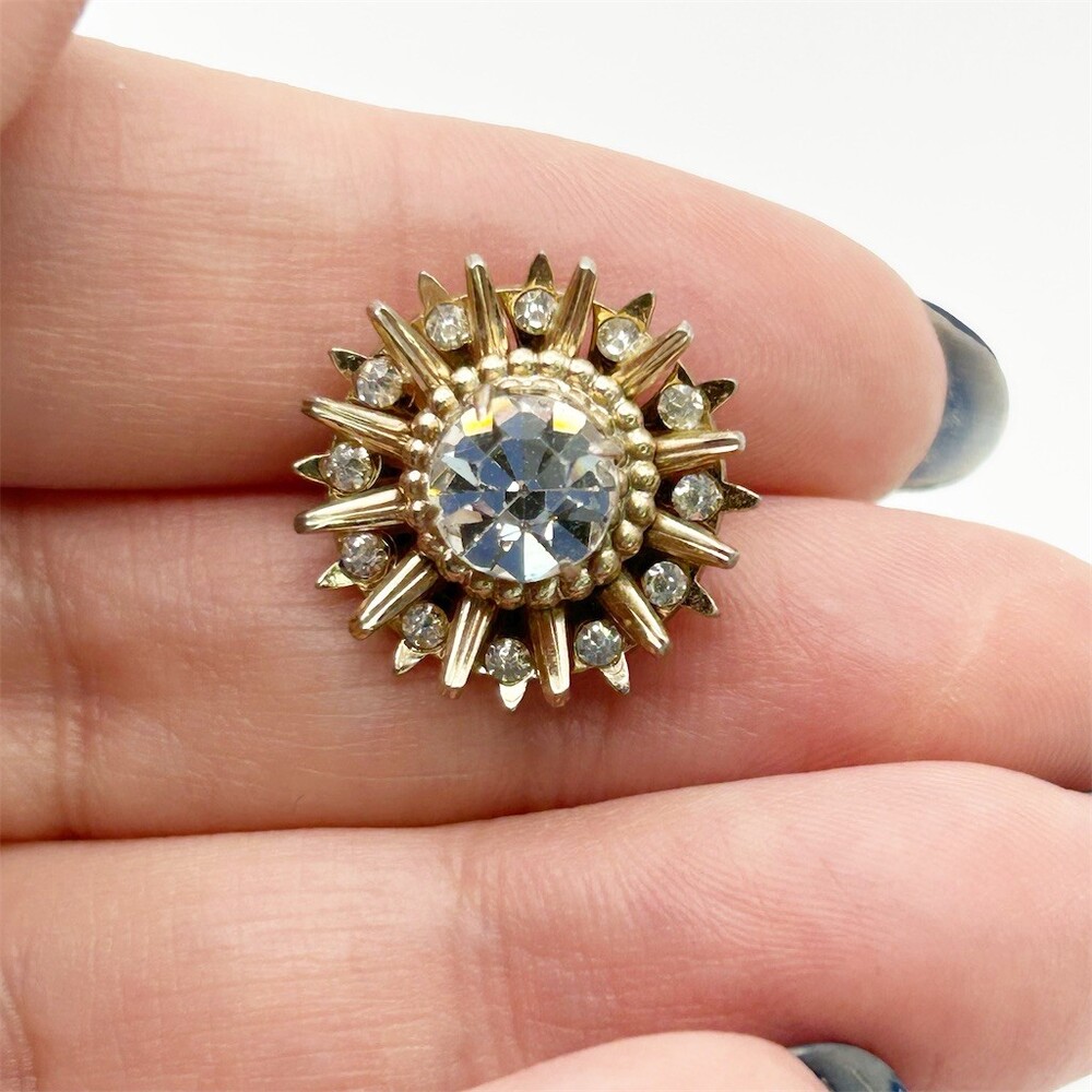 Vintage Coro Rhinestone Sunburst Brooch Gold Tone Starburst Lapel Hat Pin Signed